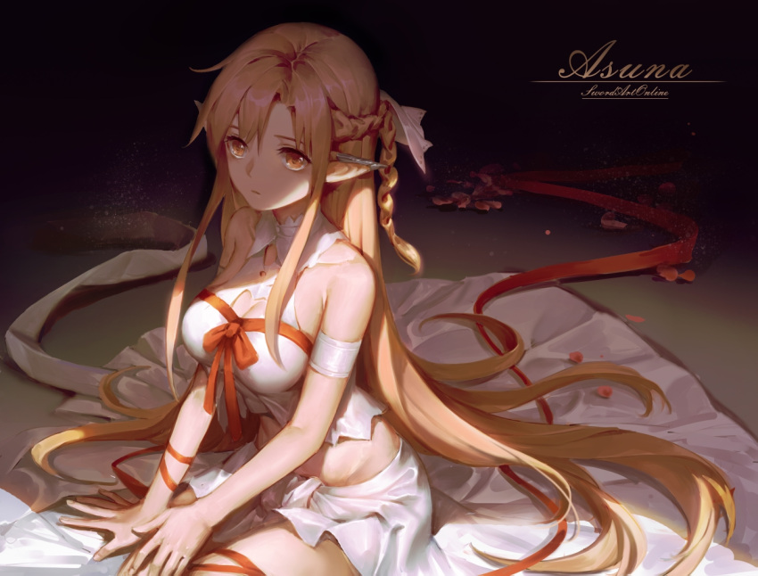 1girl, armband, armpit_crease, asuna_(sao), bangs, bare_arms, bare_shoulders, braid