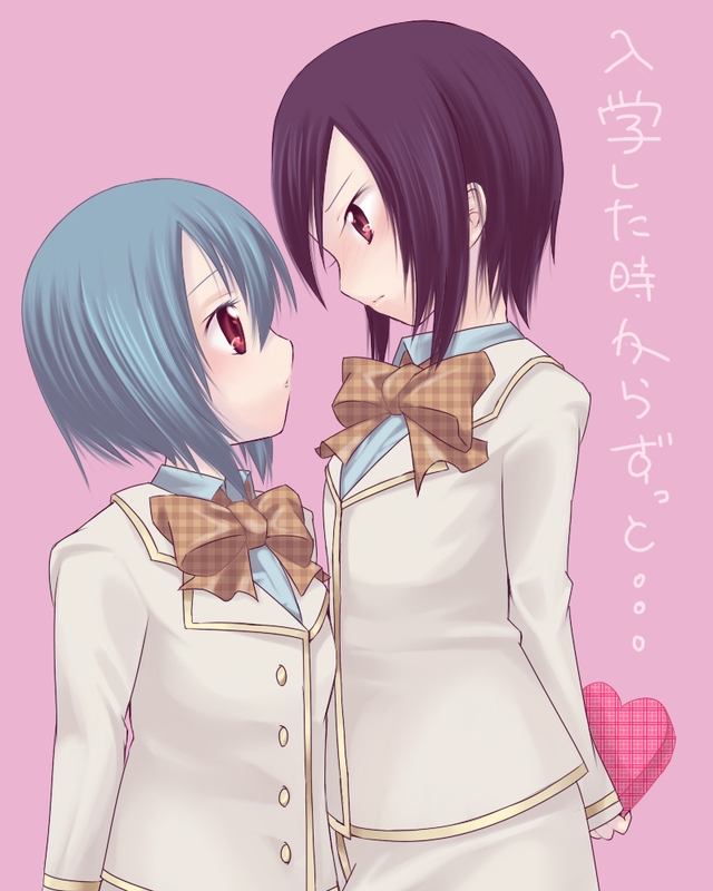 blue_hair, blush, bow, eye_contact, kenjou_kaname, multiple_girls, ootori_amane, purple_hair