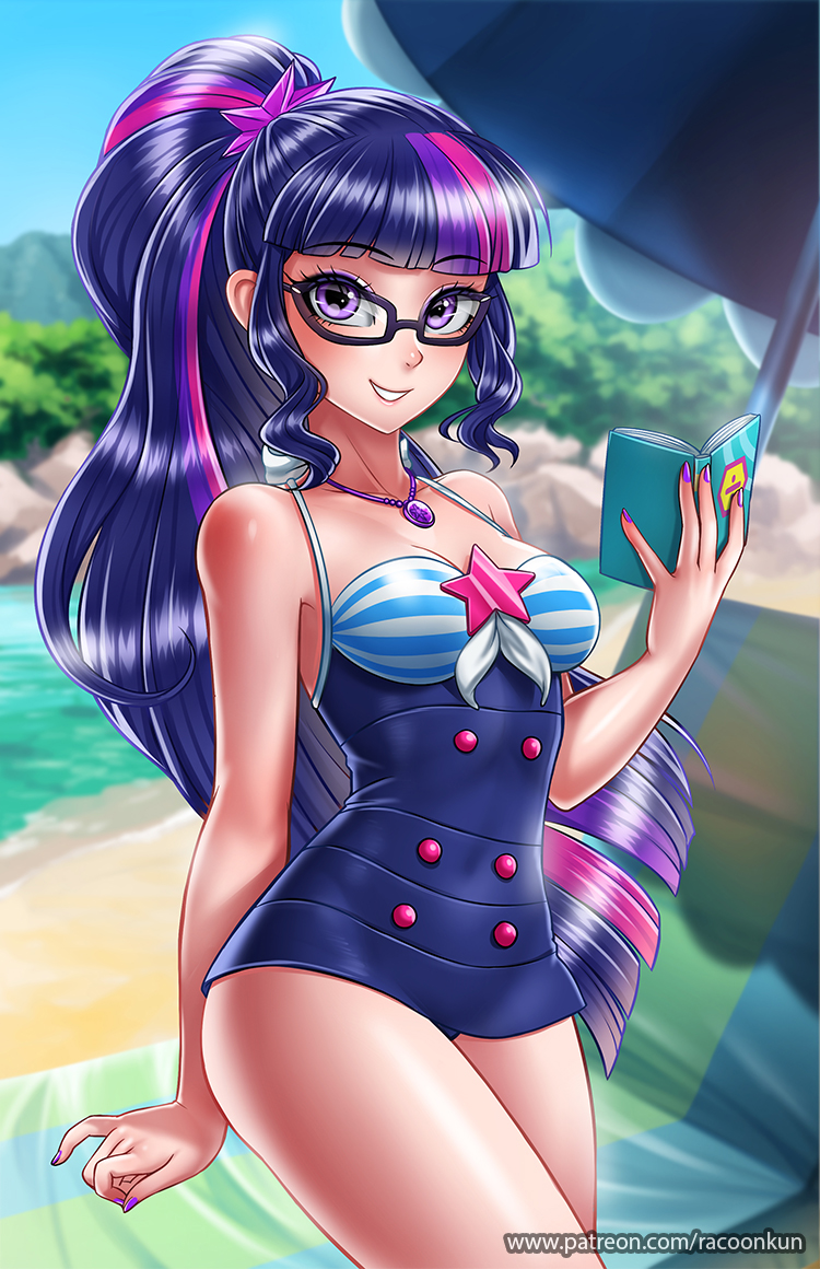 1girl, bangs, beach, beach_chair, beach_umbrella, black-framed_eyewear, blunt_bangs, book
