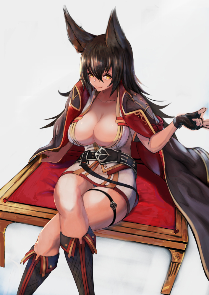 animal_ears, bangs, belt, black_gloves, black_hair, black_jacket, boots, breasts