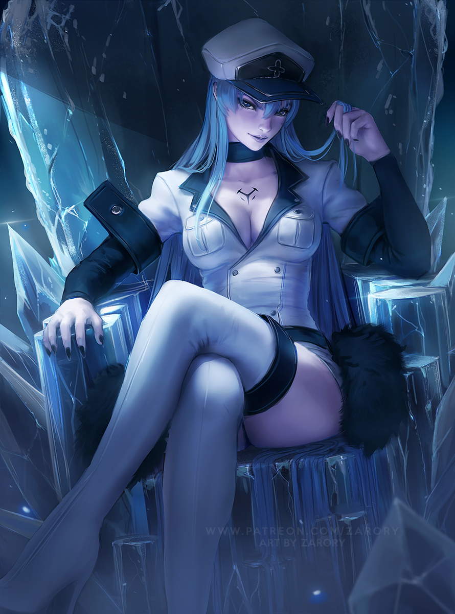 1girl, akame_ga_kill!, bangs, black_nails, blue_eyes, blue_hair, boots, breasts