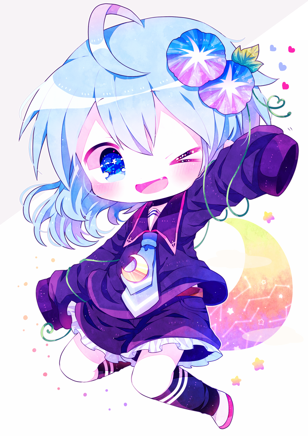 >_o, 1girl, ;d, ahoge, bangs, blue_eyes, blue_hair, blue_neckwear
