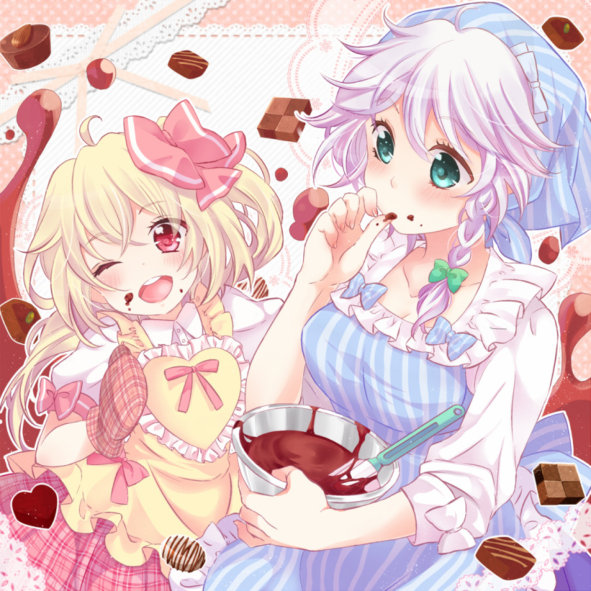 2girls, ;d, ahoge, almond, apron, arms_up, blonde_hair, blue_eyes