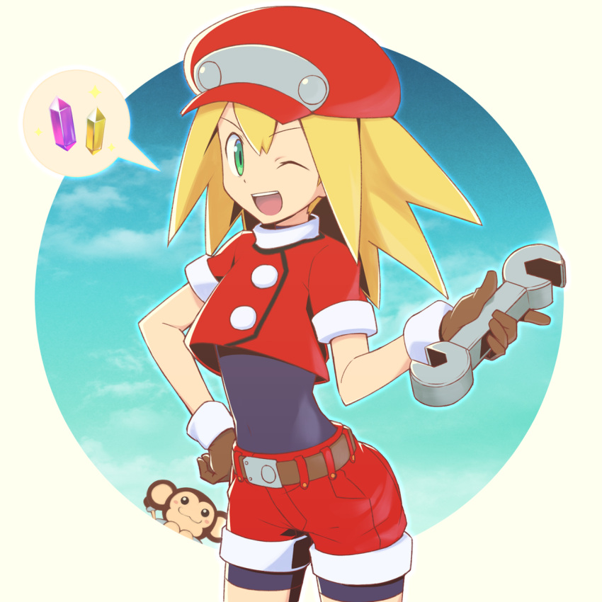 1girl, ;d, belt, bike_shorts, bike_shorts_under_shorts, blonde_hair, brown_gloves, cabbie_hat