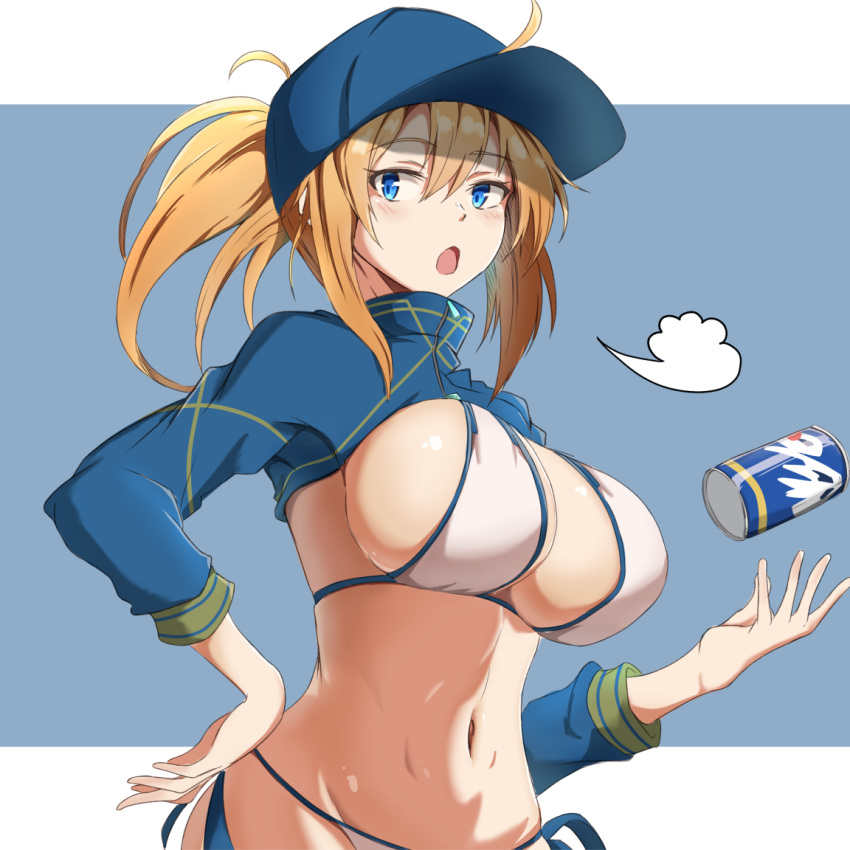 1girl, artoria_pendragon_(all), baseball_cap, bikini, blonde_hair, blue_eyes, blue_hat, blush
