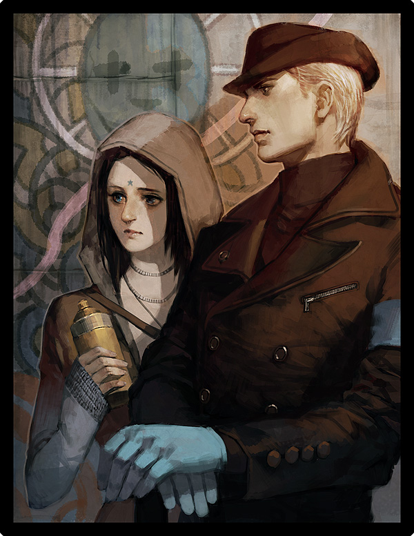 1boy, 1girl, black_hair, blue_eyes, devil_may_cry, devil_may_cry_(series), dmc:_devil_may_cry, et.m, facial_mark, fedora, forehead_mark, gloves, graffiti, hat, hood, hoodie, jewelry, kat_(devil_may_cry), medium_hair, necklace, spray_can, vergil, vergil_(devil_may_cry), vergil_(dmc:_devil_may_cry)