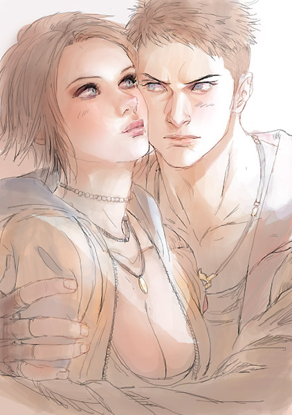 1boy, 1girl, black_hair, breasts, cleavage, dante_(devil_may_cry), dante_(dmc:_devil_may_cry), devil_may_cry