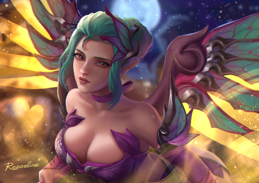1girl, aqua_hair, artist_name, bare_shoulders, blurry, blurry_background, breasts, brown_eyes