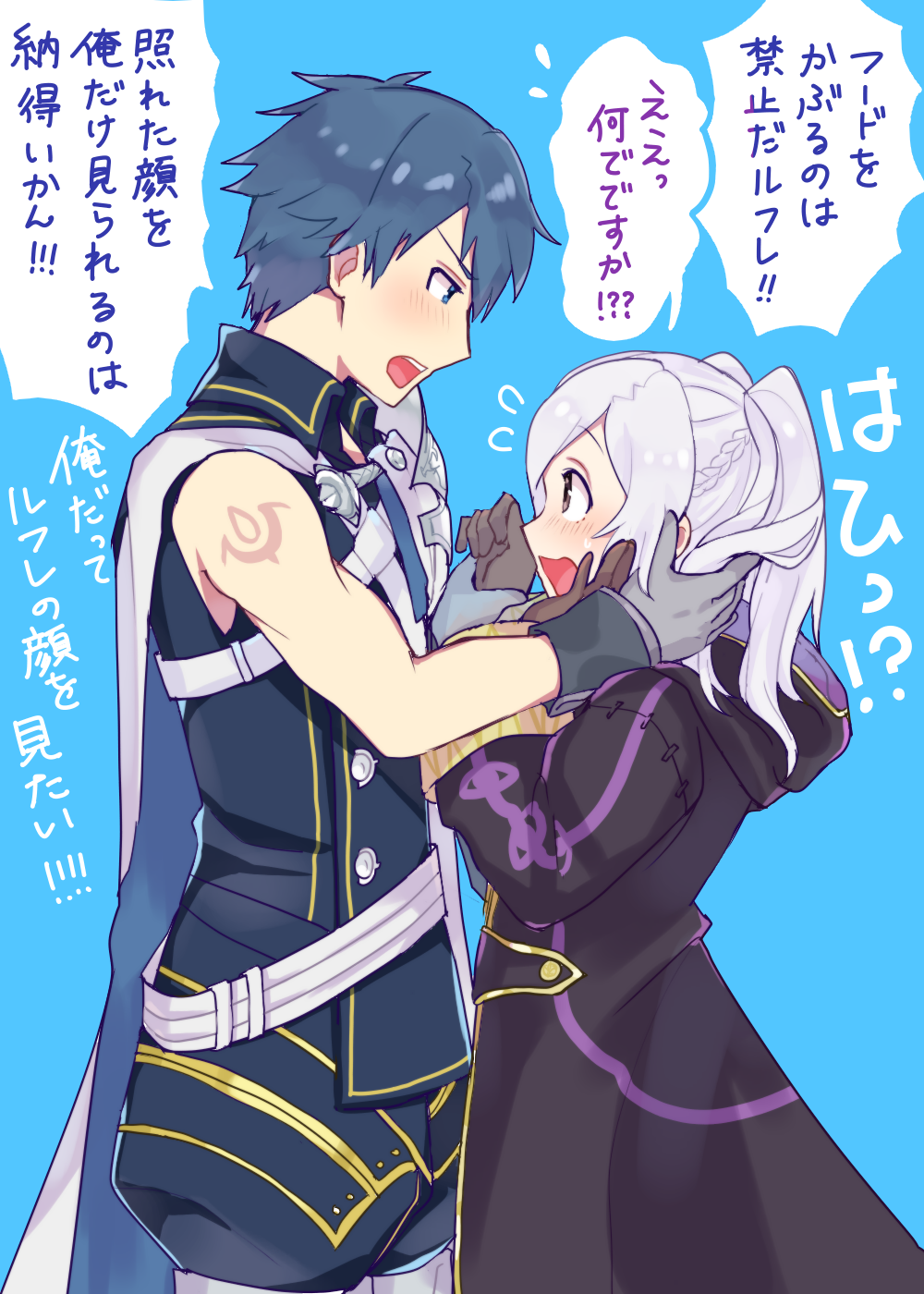 1boy, 1girl, ararecoa, asymmetrical_clothes, birthmark, blue_eyes, blue_hair, blush