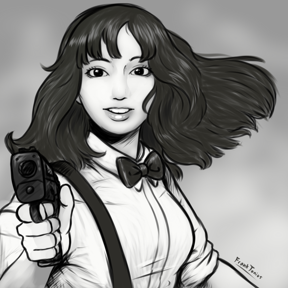 1girl, :d, aiming_at_viewer, bow, bowtie, collared_shirt, floating_hair, franktonius, grey_background, gun, holding, holding_gun, holding_weapon, looking_at_viewer, medium_hair, open_mouth, parody, real_life, shirt, signature, smile, solo, suspenders, takeuchi_mariya, weapon, wing_collar