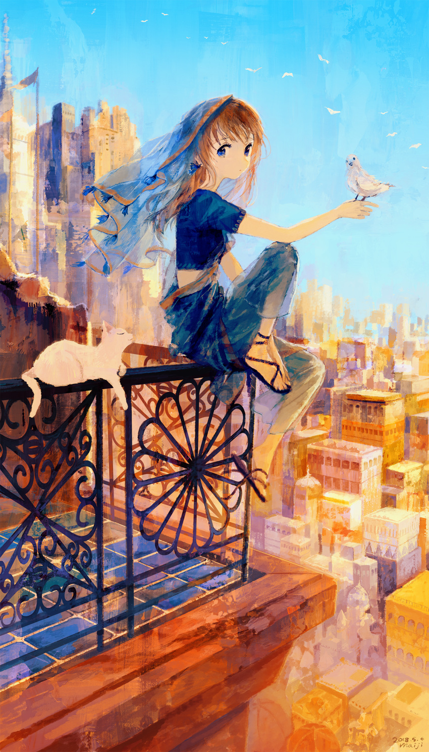 1girl, abstract_background, absurdres, balcony, bangs, bird, bird_on_finger, blue_eyes