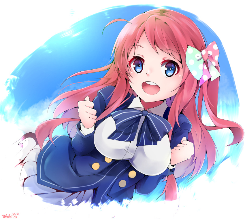 1girl, ahoge, blazer, blue_background, blue_eyes, blue_jacket, blue_skirt, bow, breasts, clenched_hands, eyebrows_visible_through_hair, feet_out_of_frame, hair_bow, highres, jacket, large_breasts, leaning_forward, long_hair, long_sleeves, looking_at_viewer, minamoto_sakura, multicolored_bow, n4dz0, neck_ribbon, open_mouth, pleated_skirt, polka_dot, polka_dot_bow, redhead, ribbon, school_uniform, shirt, sidelocks, skirt, smile, solo, striped, striped_neckwear, upper_teeth, very_long_hair, white_shirt, wing_collar, zombie_land_saga