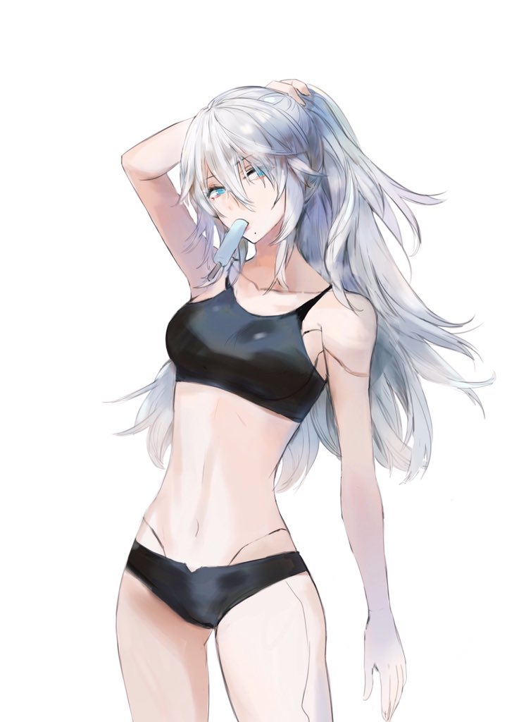 1girl, adjusting_hair, arm_up, bare_shoulders, collarbone, food, long_hair, mole