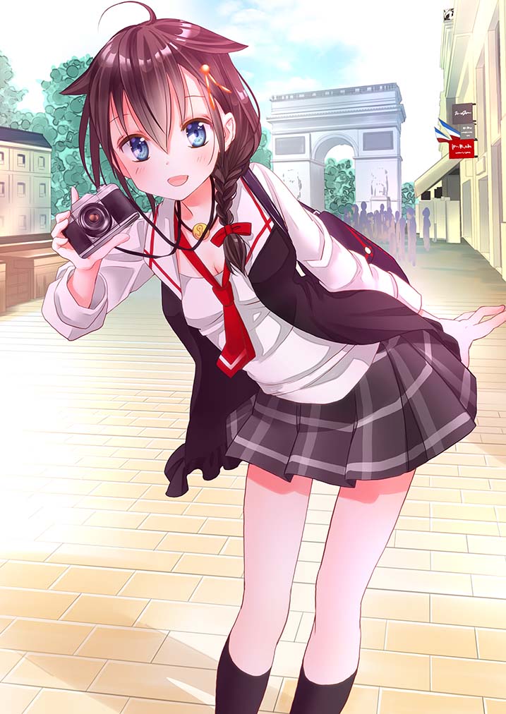 1girl, :d, ahoge, anchor_symbol, arc_de_triomphe, bag, black_hair, black_legwear