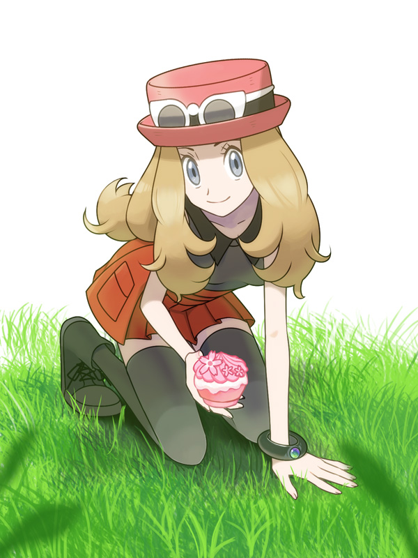 1girl, 3do3ga3, arm_support, black_shirt, brown_hair, collarbone, creatures_(company), eyewear_on_head, game_freak, grass, grey_eyes, grey_legwear, hat, kneeling, long_hair, looking_at_viewer, miniskirt, nintendo, pink_hat, pleated_skirt, pokemon, pokemon_(game), pokemon_xy, red_skirt, serena_(pokemon), shirt, skirt, sleeveless, sleeveless_shirt, smile, solo, sunglasses, thigh-highs, white_background, zettai_ryouiki