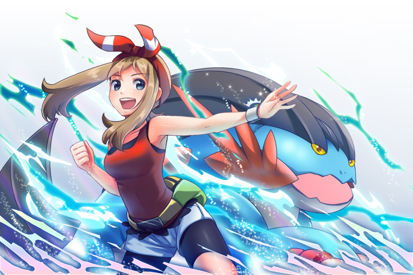 1girl, :d, bike_shorts, black_shorts, blue_eyes, bow, breasts, brown_hair, collarbone, cowboy_shot, creatures_(company), floating_hair, game_freak, gen_3_pokemon, hair_bow, hairband, haruka_(pokemon), long_hair, medium_breasts, mega_swampert, nintendo, open_mouth, outstretched_arm, pokemon, pokemon_(creature), pokemon_(game), pokemon_oras, red_hairband, red_shirt, shirt, short_shorts, shorts, shorts_under_shorts, sky-sky, sleeveless, sleeveless_shirt, smile, standing, striped, striped_bow, swampert, twintails, white_shorts
