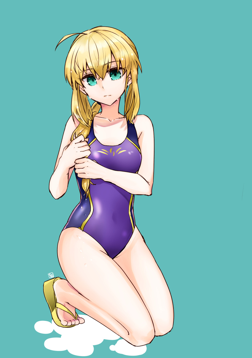 1girl, absurdres, ahoge, artoria_pendragon_(all), blonde_hair, blue_background, blue_swimsuit, chia_aich