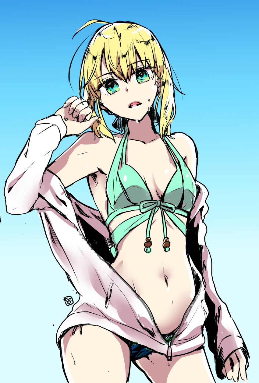 1girl, absurdres, ahoge, aqua_bikini, aqua_eyes, aqua_ribbon, artoria_pendragon_(all), bikini