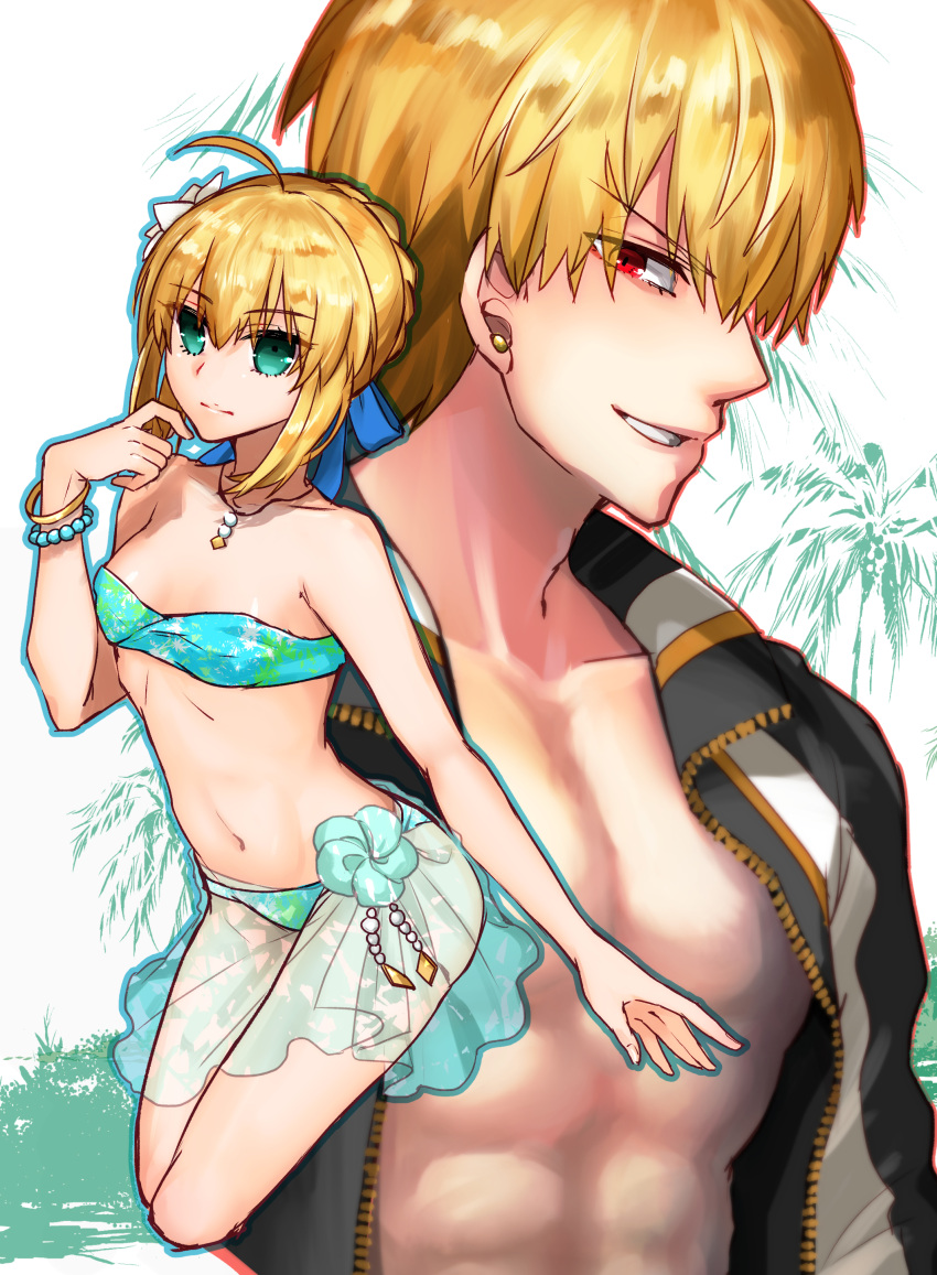 1boy, 1girl, absurdres, ahoge, aqua_bikini, artoria_pendragon_(all), bikini, blonde_hair