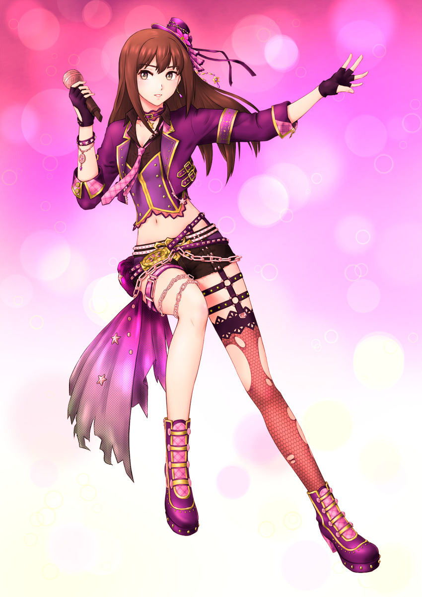 1girl, armband, asymmetrical_legwear, black_gloves, black_shorts, boots, bracelet, brown_eyes