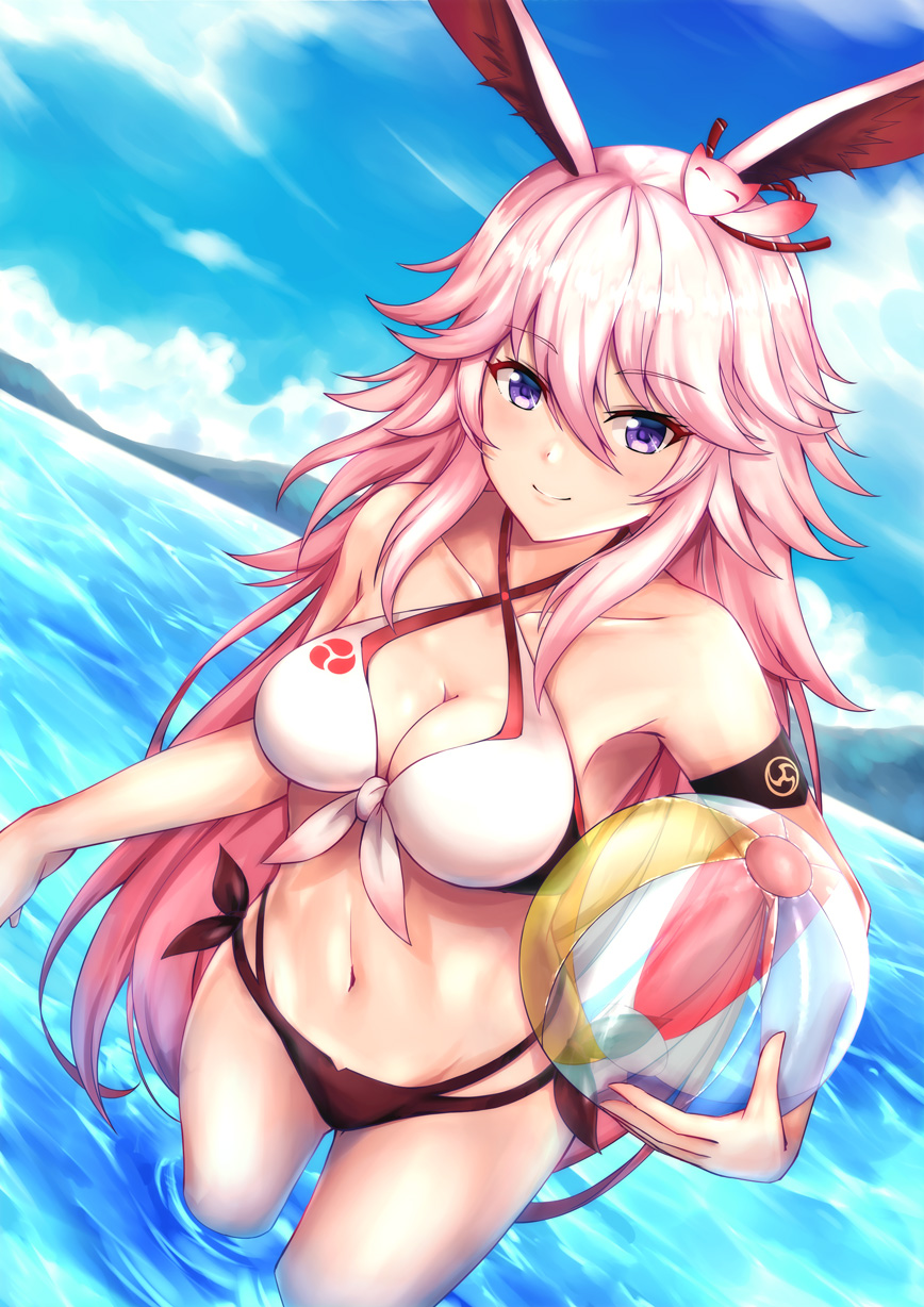 1girl, animal_ears, armband, ball, bangs, bare_shoulders, beachball, blue_eyes, blue_sky, blush, breasts, cleavage, clouds, eyebrows_visible_through_hair, fox_ears, hair_between_eyes, hair_flaps, hair_ornament, highres, holding_beachball, honkai_(series), honkai_impact_3, kelinch1, large_breasts, long_hair, looking_at_viewer, messy_hair, ocean, outdoors, pink_hair, sidelocks, sky, smile, solo, summer, swimsuit, very_long_hair, wading, yae_sakura_(honkai_impact)