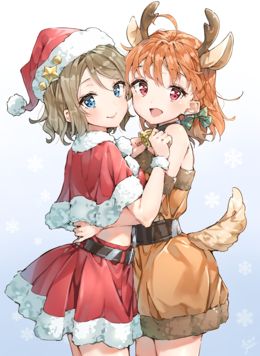 2girls, :d, ahoge, animal_costume, animal_ears, antlers, armband, bangs