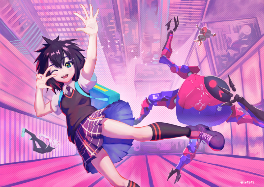 1boy, 2girls, backpack, bag, bird, black_hair, bodysuit, city