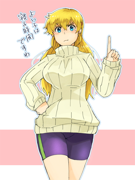 1girl, blonde_hair, blue_eyes, blush, bodysuit, bodysuit_under_clothes, breasts, closed_mouth