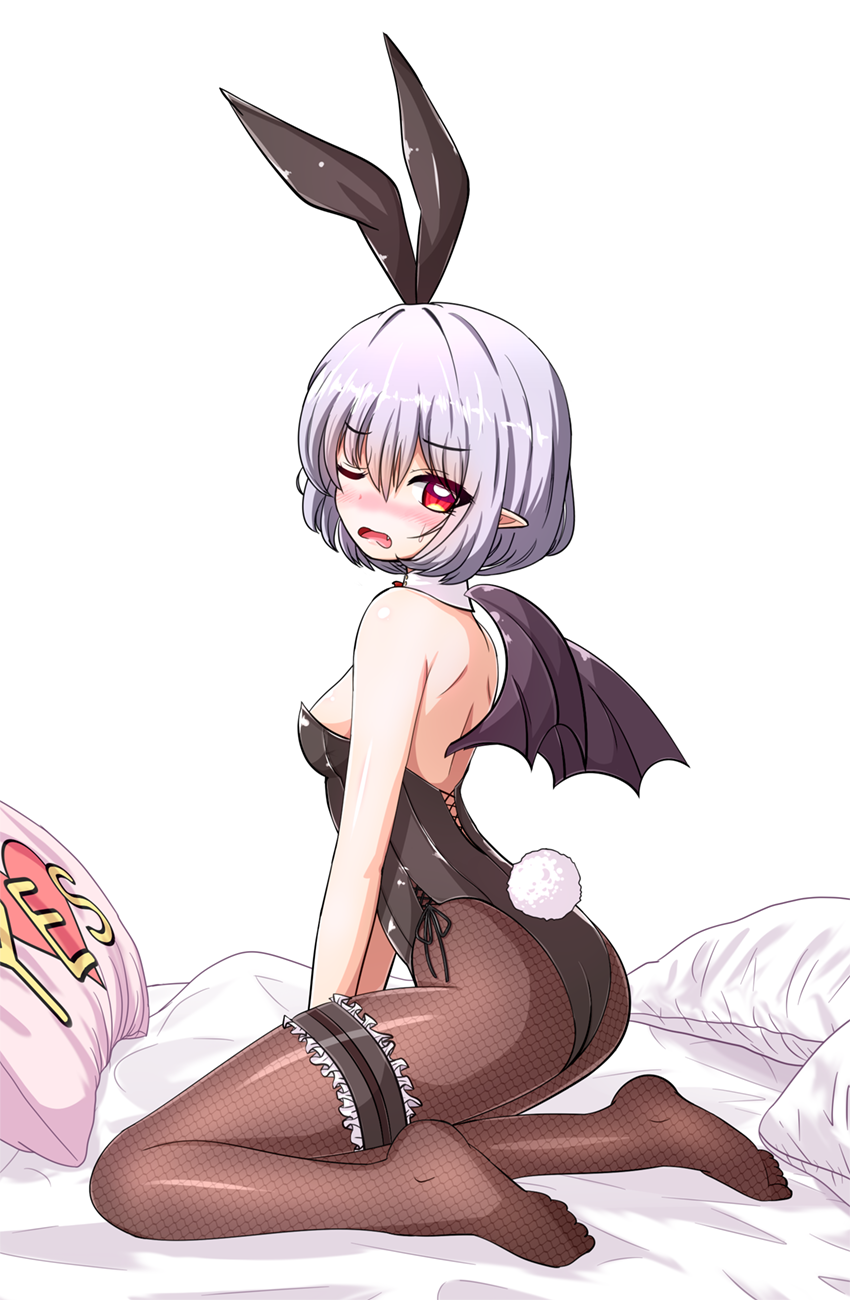 1girl, animal_ears, bare_shoulders, bat_wings, bed_sheet, black_legwear, black_leotard, black_wings