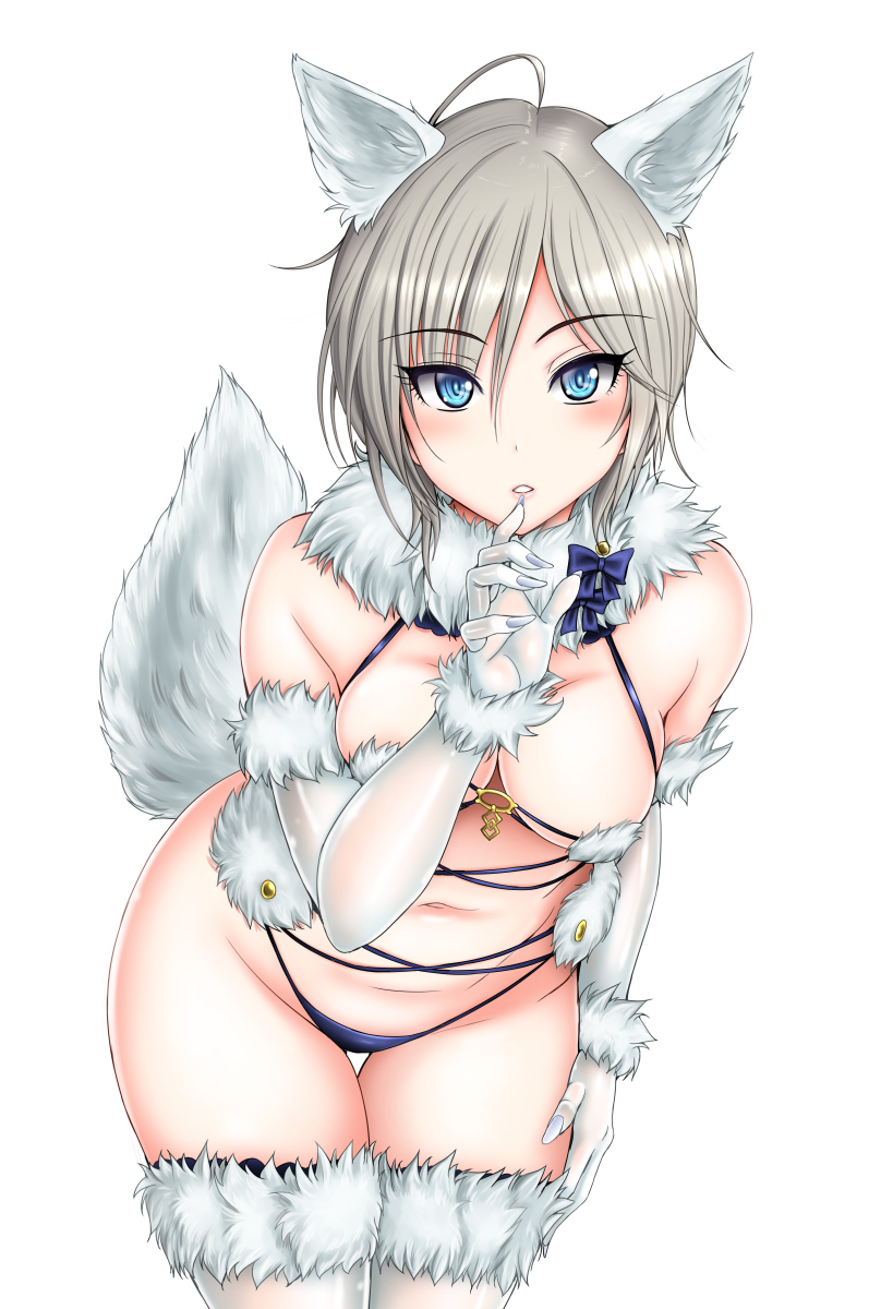 1girl, ahoge, anastasia_(idolmaster), animal_ears, arm_at_side, bangs, bare_shoulders, blue_bikini_bottom
