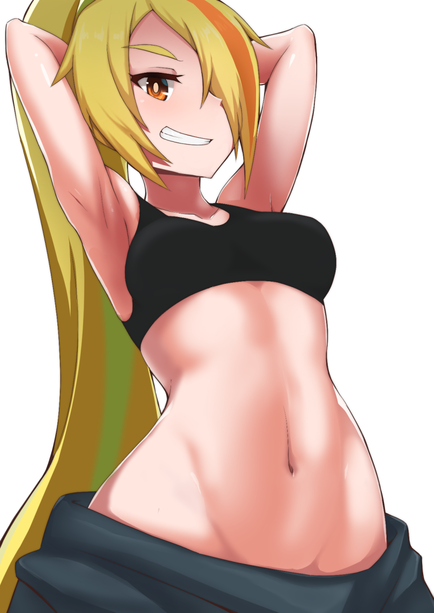 1girl, armpits, arms_behind_head, blonde_hair, breasts, green_hair, grin, hair_over_one_eye