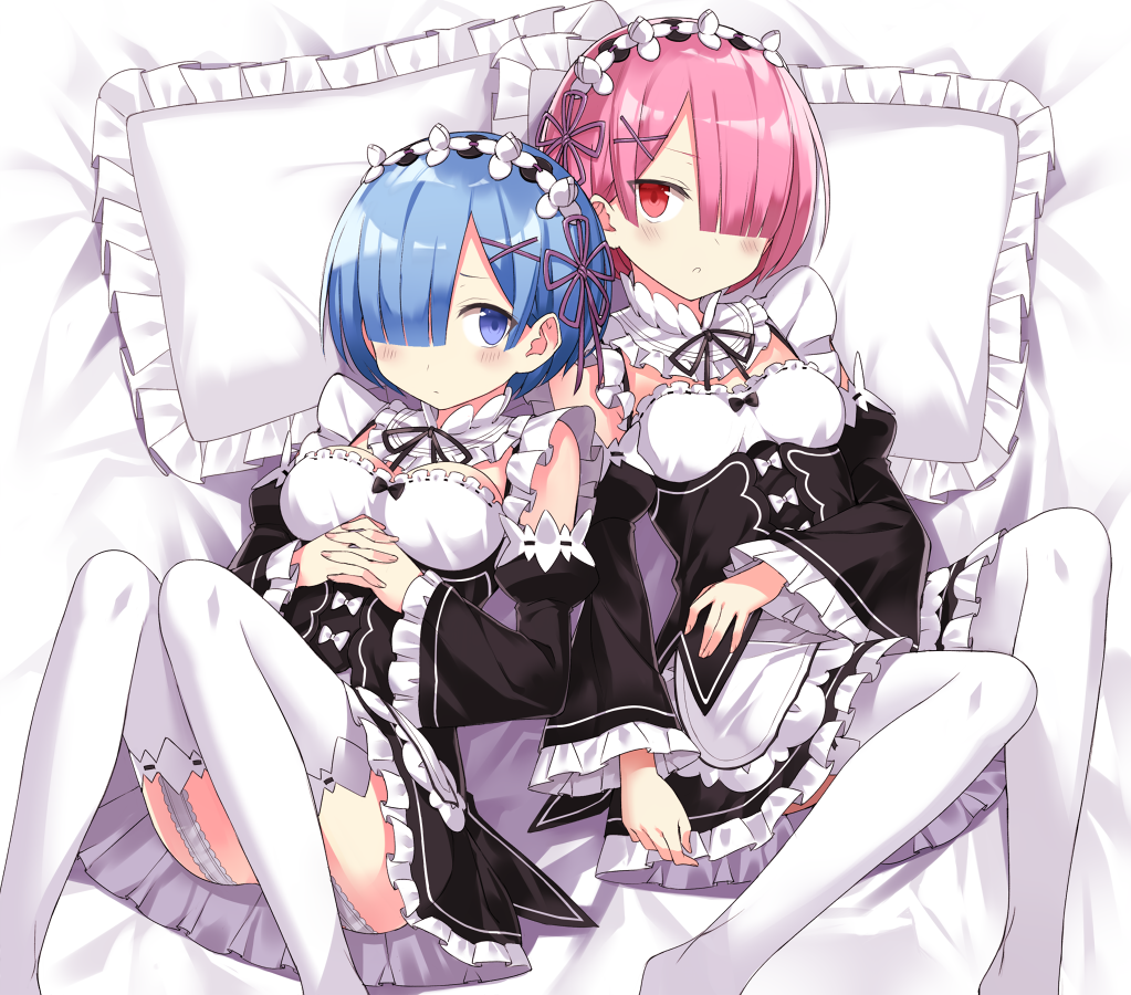2girls, bed, bed_sheet, black_ribbon, blue_eyes, blue_hair, blush, breasts