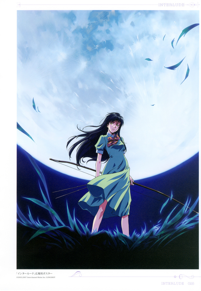 black_hair, bow_(weapon), dress, highres, horibe_hiderou, interlude, long_hair, moon