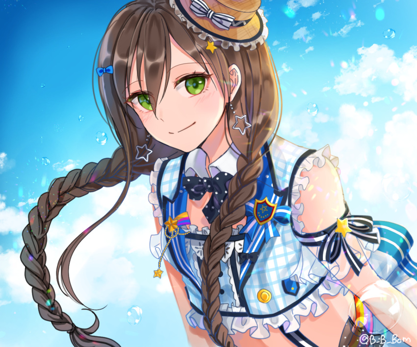 1girl, alternate_hairstyle, arm_ribbon, badge, bang_dream!, black_neckwear, blue_bow, bow