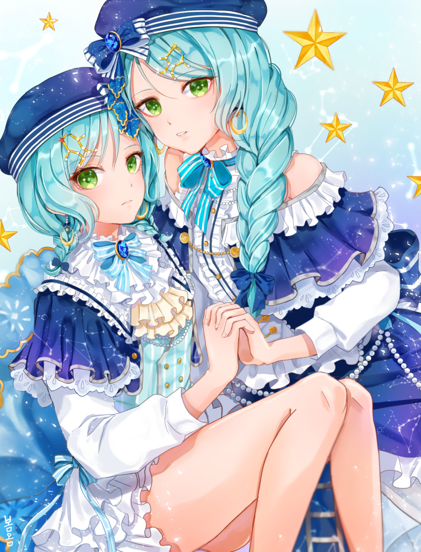 2girls, alternate_hairstyle, aqua_hair, ascot, back_bow, bang_dream!, bangs, beret