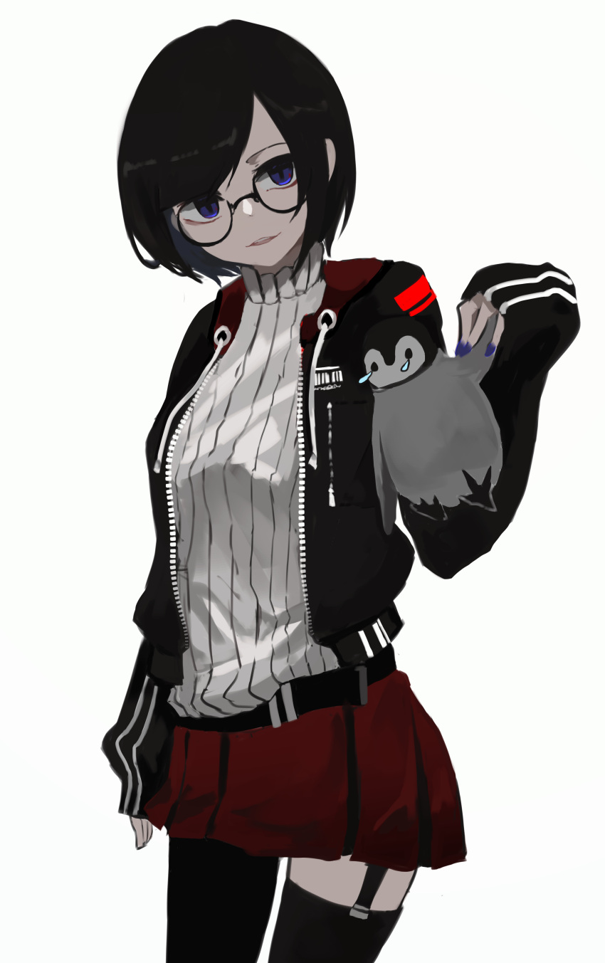 1girl, absurdres, animal, asymmetrical_legwear, bird, black-framed_eyewear, black_hair, black_jacket