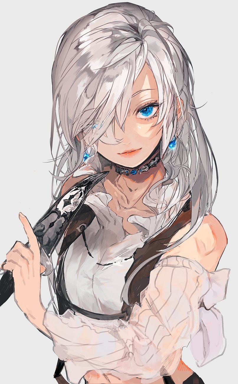 1girl, bangs, bare_shoulders, blue_eyes, chikage_(chi_g0), collarbone, commentary, dagger, detached_sleeves, earrings, grey_background, grey_hair, hair_over_one_eye, highres, holding, holding_weapon, jewelry, looking_at_viewer, necklace, original, parted_lips, see-through, simple_background, solo, standing, swept_bangs, upper_body, weapon