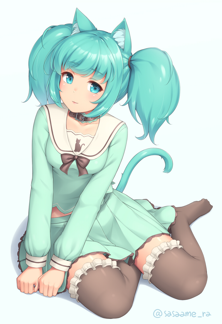 1girl, :3, animal_ear_fluff, animal_ears, animal_print, aqua_background, aqua_eyes, aqua_hair, aqua_serafuku, aqua_shirt, aqua_skirt, blush, bow, brown_legwear, cat_ears, cat_girl, cat_print, cat_tail, choker, closed_mouth, collarbone, eyebrows_visible_through_hair, frilled_legwear, looking_at_viewer, no_shoes, original, sailor_collar, sasaame, shirt, simple_background, single_horizontal_stripe, sitting, skirt, solo, tail, tail_raised, thigh-highs, twintails, twitter_username, white_sailor_collar, yokozuwari