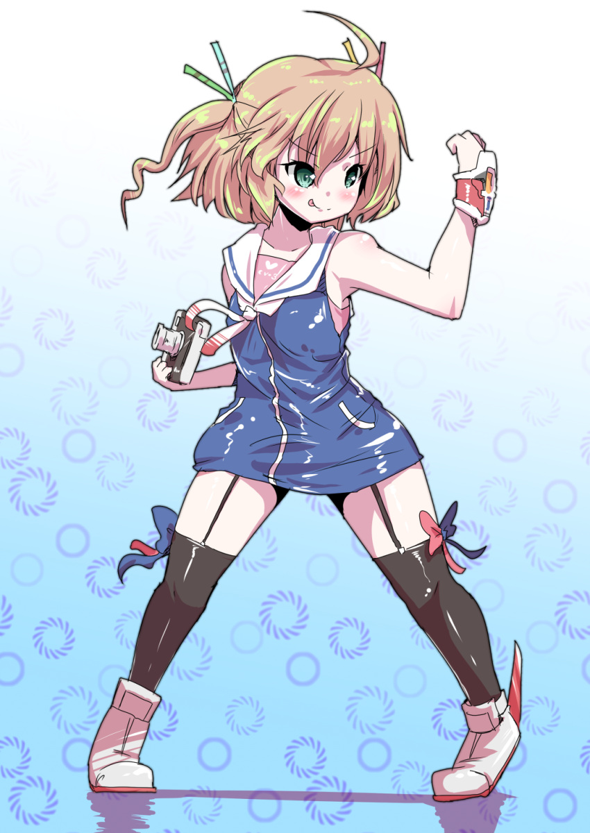 1girl, :p, ahoge, azur_lane, bangs, black_legwear, blonde_hair, blue_eyes, camera, denkou_choujin_gridman, dress, eyebrows_visible_through_hair, futaba_suetsuki, garter_straps, gridley_(azur_lane), hair_between_eyes, highres, holding, holding_camera, long_hair, parody, pose, sailor_collar, sailor_dress, smile, solo, thigh-highs, tongue, tongue_out, twintails