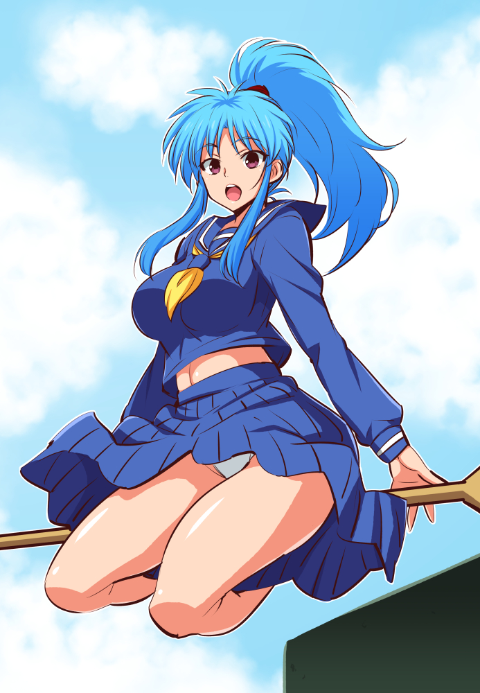 1girl, blue_hair, blue_serafuku, blue_shirt, blue_skirt, botan_(yuu_yuu_hakusho), breasts, clouds