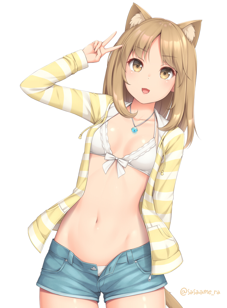 1girl, animal_ear_fluff, animal_ears, bell, bikini, bikini_under_clothes, breasts, brown_eyes, cat_ears, cat_tail, cleavage, collarbone, cowboy_shot, extra_ears, eyebrows_visible_through_hair, jingle_bell, light_brown_hair, looking_at_viewer, midriff, navel, neck_bell, open_fly, open_mouth, original, sasaame, short_shorts, shorts, simple_background, small_breasts, smile, solo, stomach, striped_hoodie, swimsuit, swimsuit_under_clothes, tail, twitter_username, unbuttoned, v, white_background, white_bikini