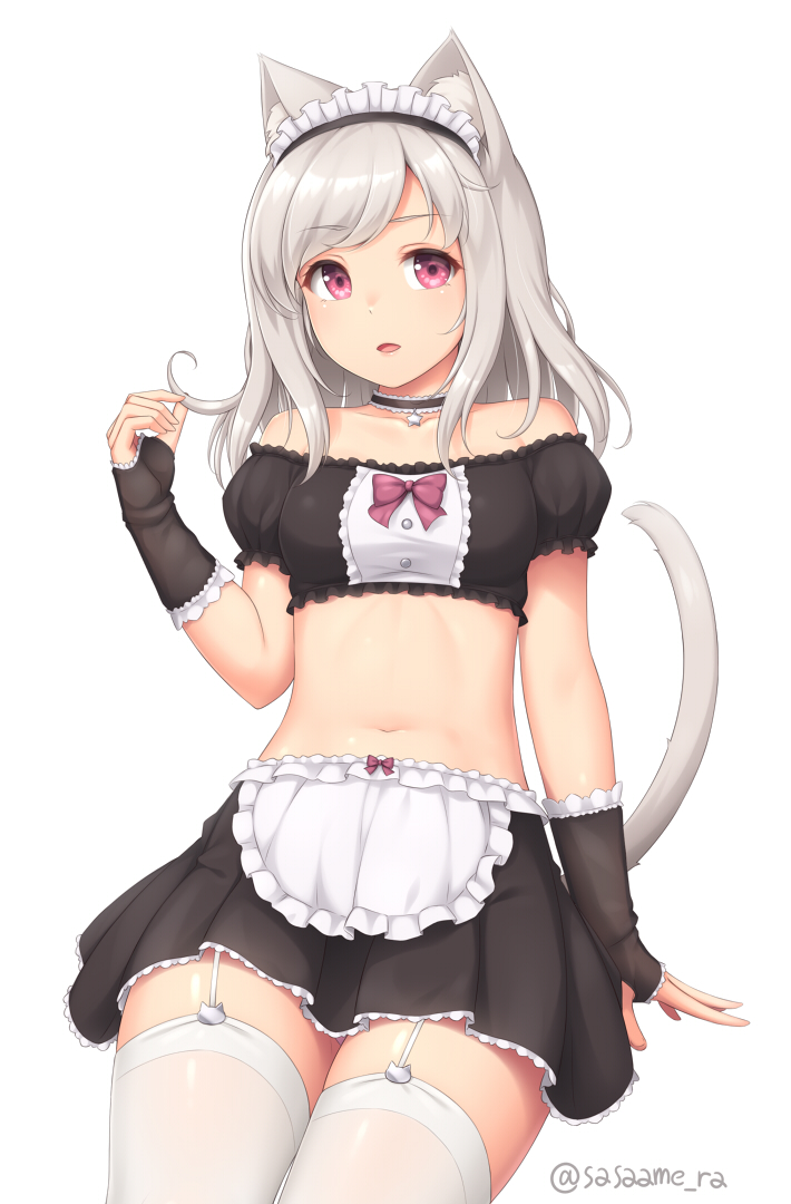 1girl, animal_ear_fluff, animal_ears, bare_shoulders, black_skirt, bow, breasts, cat_ears
