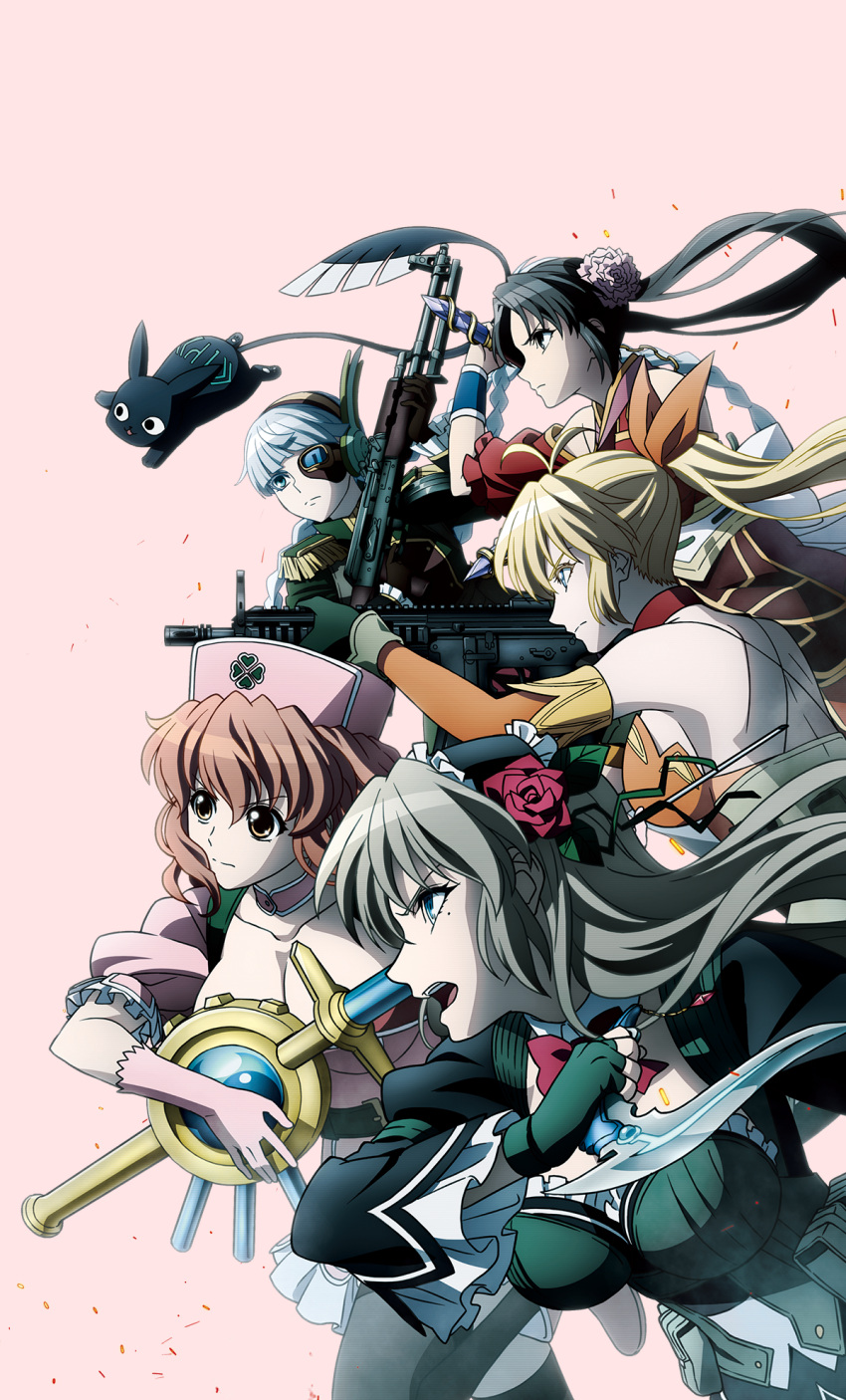 5girls, artist_request, backless_outfit, bare_shoulders, black_eyes, black_hair, black_hairband, blonde_hair