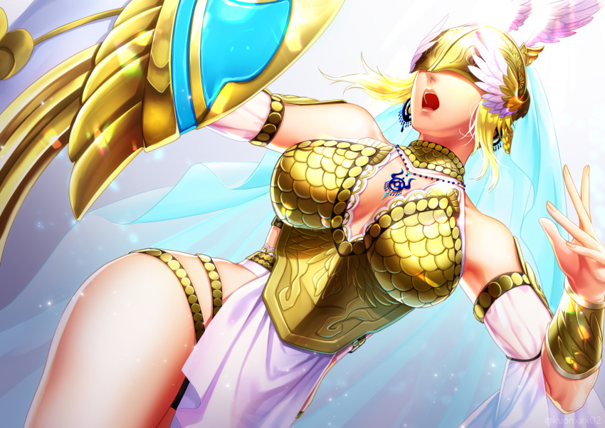 1girl, akatsuki_(kuon), armor, athena_(musou_orochi), bare_shoulders, bikini_armor, blonde_hair, breasts