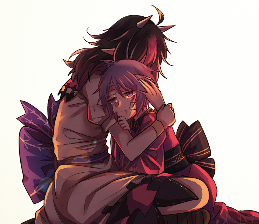 2girls, ahoge, bandage_on_face, black_hair, blood, blood_from_mouth, blood_on_face, comforting, crying, dress, empty_eyes, expressionless, hand_on_another's_arm, hand_on_another's_head, highres, horns, hug, indian_style, injury, japanese_clothes, kijin_seija, kimono, layered_dress, leaning_on_person, long_sleeves, looking_away, multicolored_hair, multiple_girls, nga_(artist), obi, on_ground, pointy_ears, puffy_short_sleeves, puffy_sleeves, purple_hair, sash, seiza, short_hair, short_sleeves, simple_background, sitting, streaked_hair, sukuna_shinmyoumaru, tears, touhou, violet_eyes, white_background