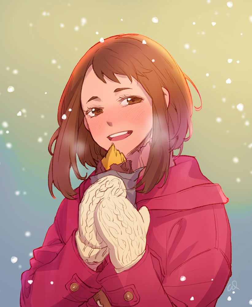 1girl, :d, blush, boku_no_hero_academia, brown_eyes, brown_hair, coat, commentary_request