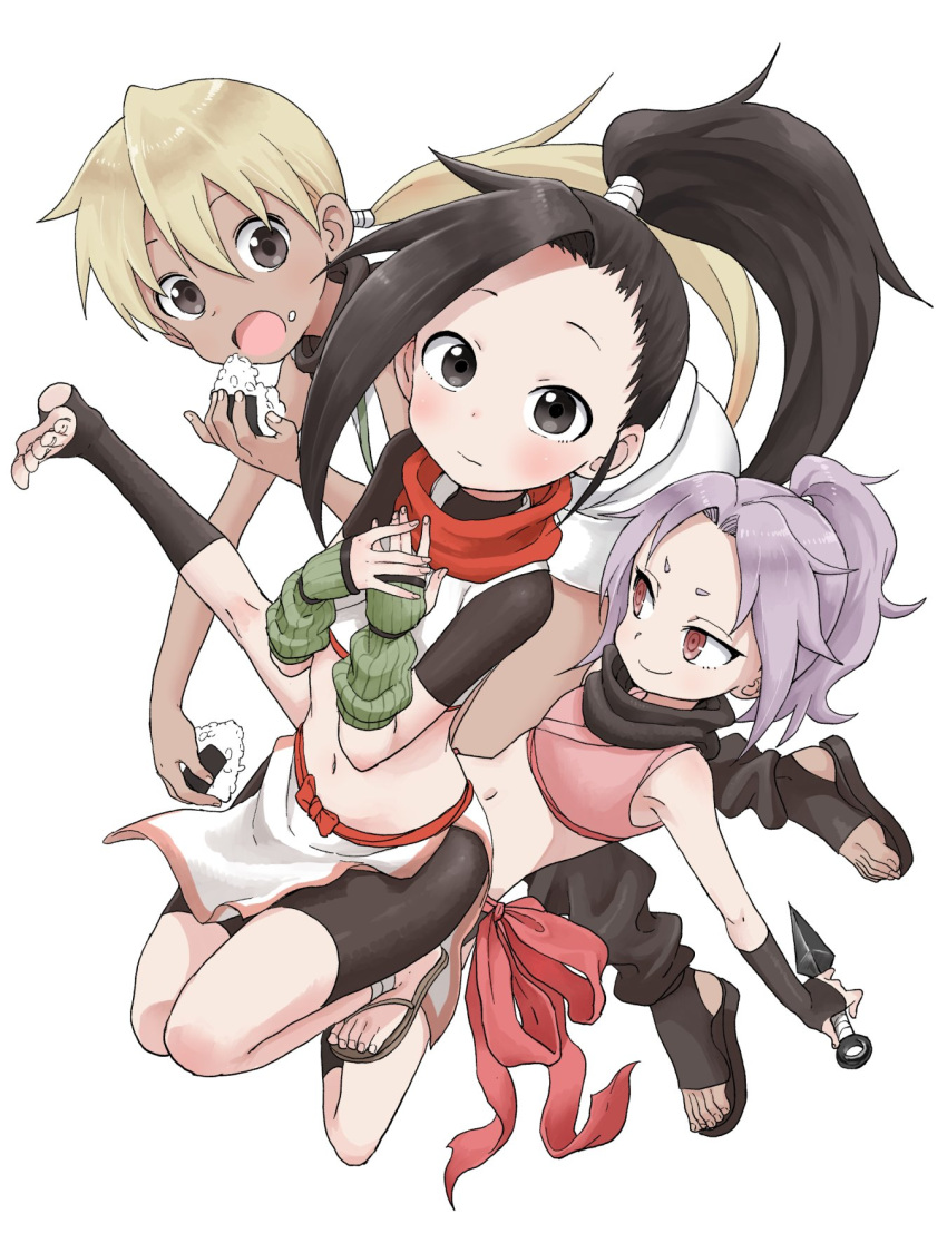 3girls, :d, ankle_wrap, arm_warmers, asagao_(kunoichi_tsubaki_no_mune_no_uchi), barefoot, bike_shorts, black_hair
