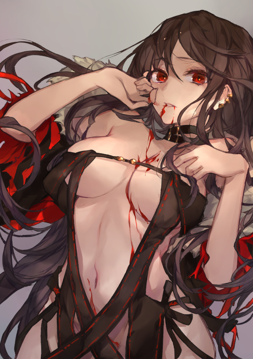 1girl, bangs, black_dress, blood, blood_from_mouth, blood_on_breasts, blood_on_face, breasts