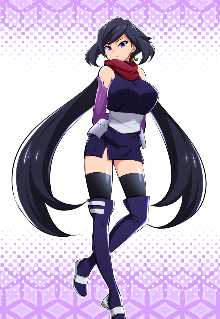 1girl, arms_behind_back, ayame_(gundam_build_divers), bangs, bare_shoulders, black_hair, black_kimono, black_legwear