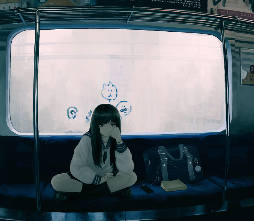 1girl, artist_request, bag, bangs, black_hair, black_legwear, book, cellphone